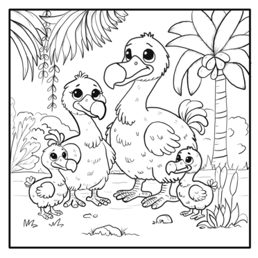 Illustration en noir et blanc d'une famille de dodo dans une forêt tropicale.