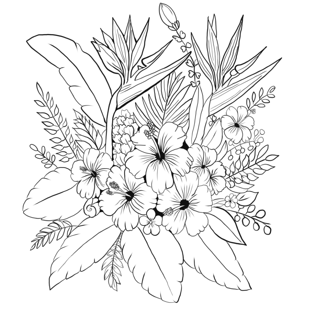 Dessin au trait fin représentant une composition florale exotique, mettant en vedette des fleurs d'hibiscus et des feuilles de plantes tropicales. Tableau a imprimer