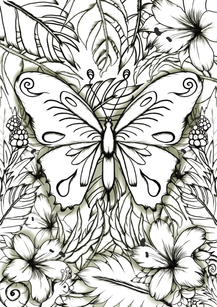 A delicate butterfly poised amidst a lush, tropical garden, captured in intricate line art."