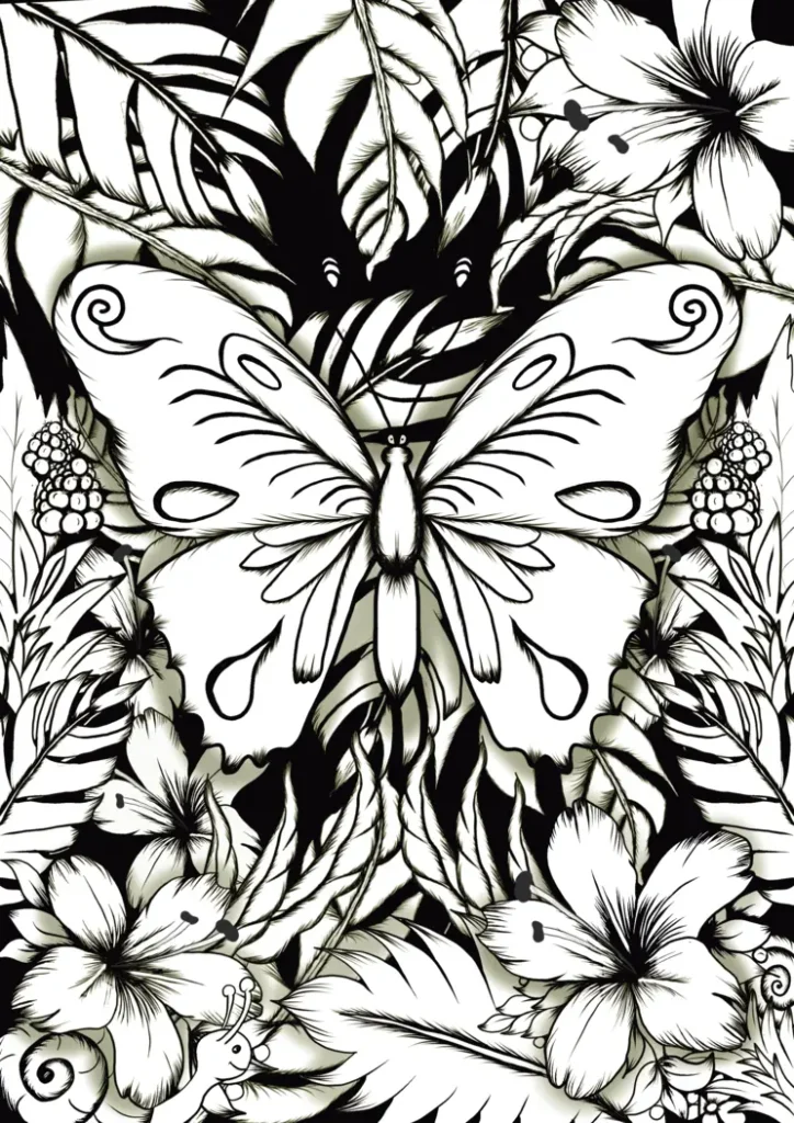 A highly detailed, black and white line drawing of a large butterfly set against a backdrop of lush, tropical foliage. The butterfly's wings are delicate and intricate, with veins that radiate outward from the body. The surrounding plants are equally detailed, featuring large, exotic flowers with multiple petals and long, flowing leaves that create a sense of movement. The overall effect is a serene and inviting depiction of a tropical paradise.