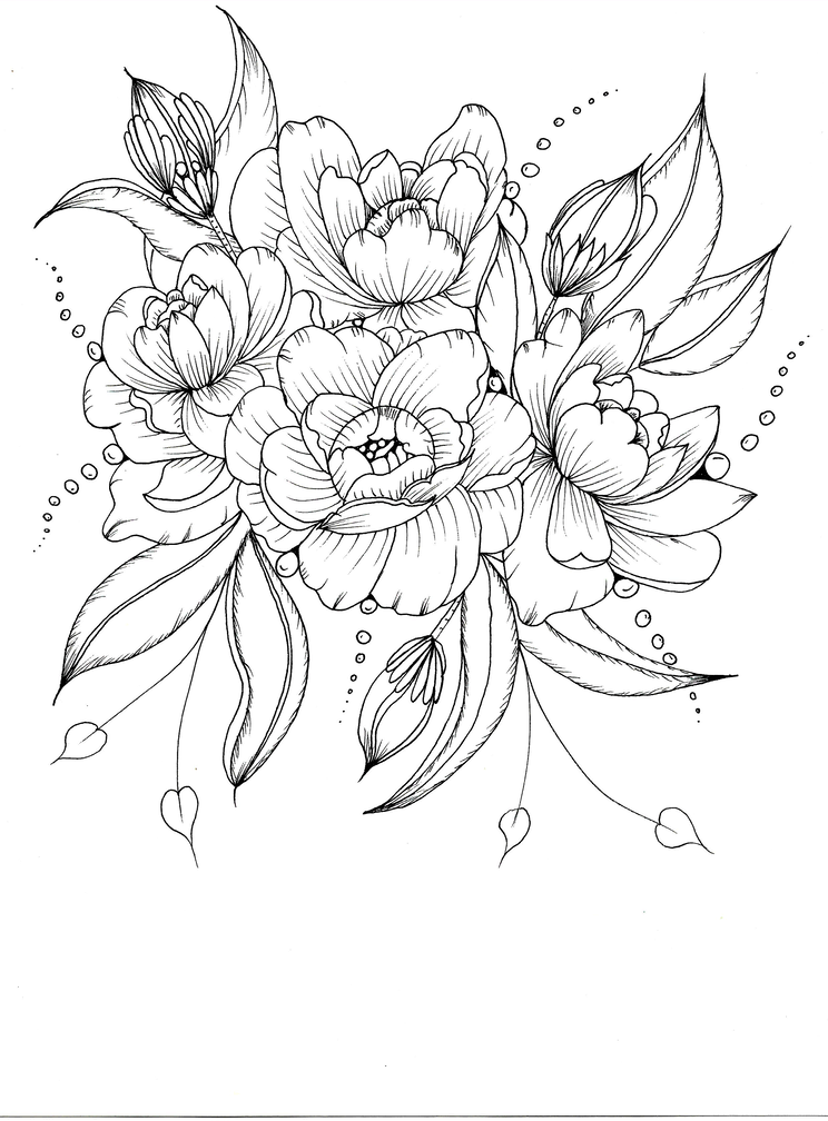 A fine line drawing of an elegant floral arrangement featuring peonies, accompanied by a congratulatory message. This black and white illustration highlights the delicacy and beauty of peonies. The silky petals of the flowers are depicted with great realism, creating a romantic and refined atmosphere."