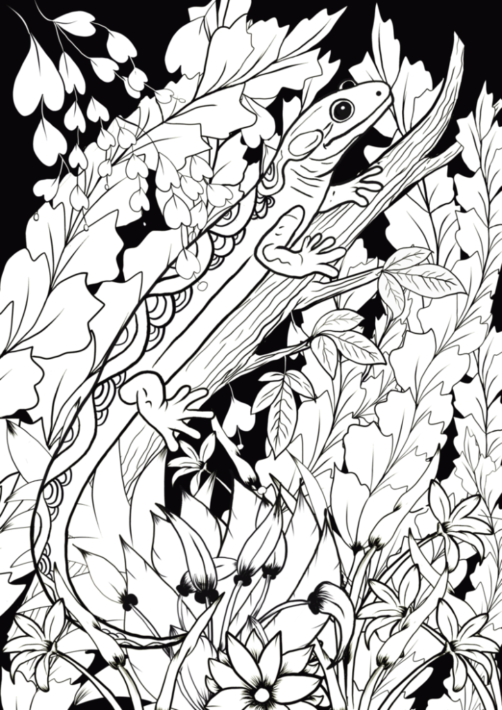 Illustration en noir et blanc d'un gecko camouflé dans les feuilles.