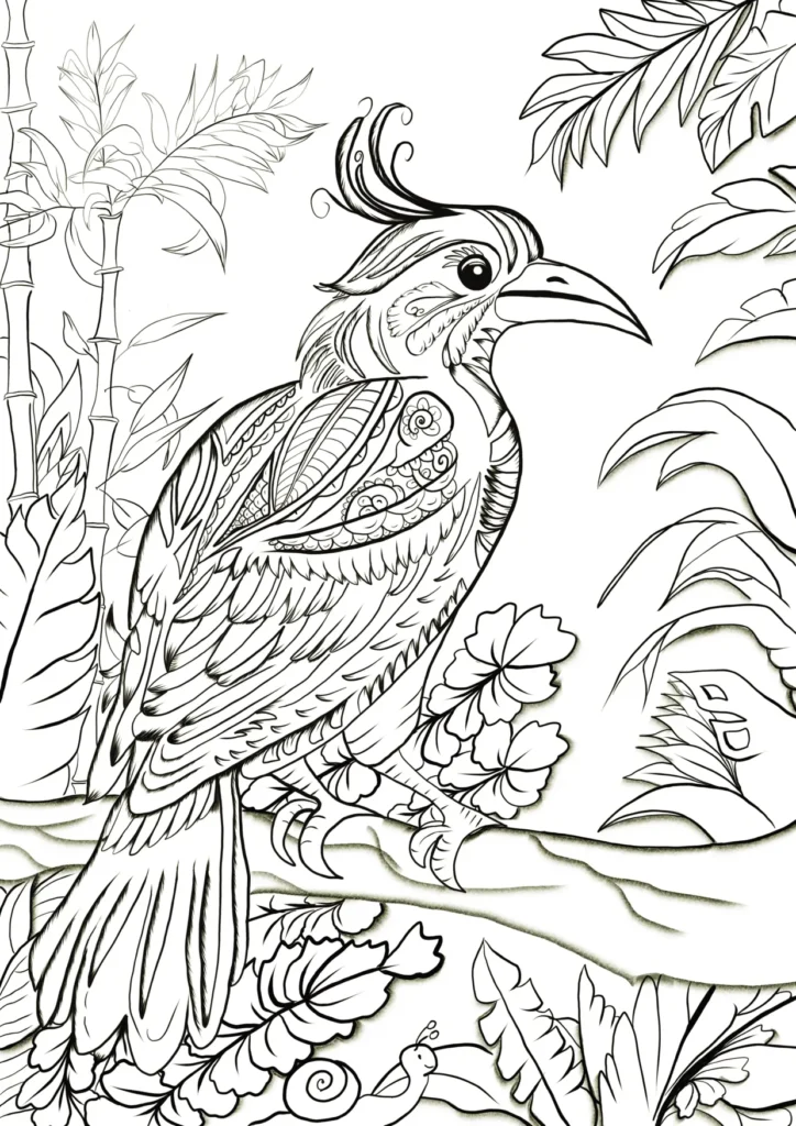 ntricate hand-drawn illustration of a mythical bird with ornate feathers, surrounded by exotic plants