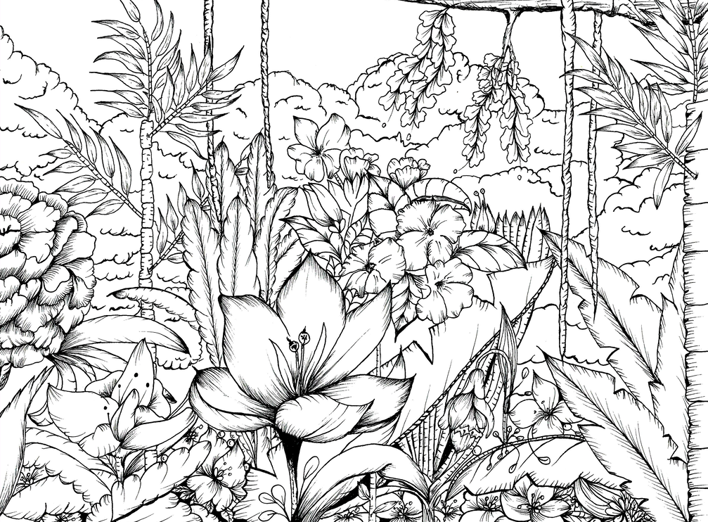 illustration en noir et blanc d'une jungle luxuriante avec de grandes feuilles tropicales et des fleurs exotiques. Coloriage et tableau