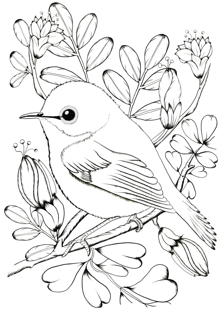 Intricate hand-drawn illustration of an Olive-backed Sunbird with vibrant plumage, perched on a flowering branch