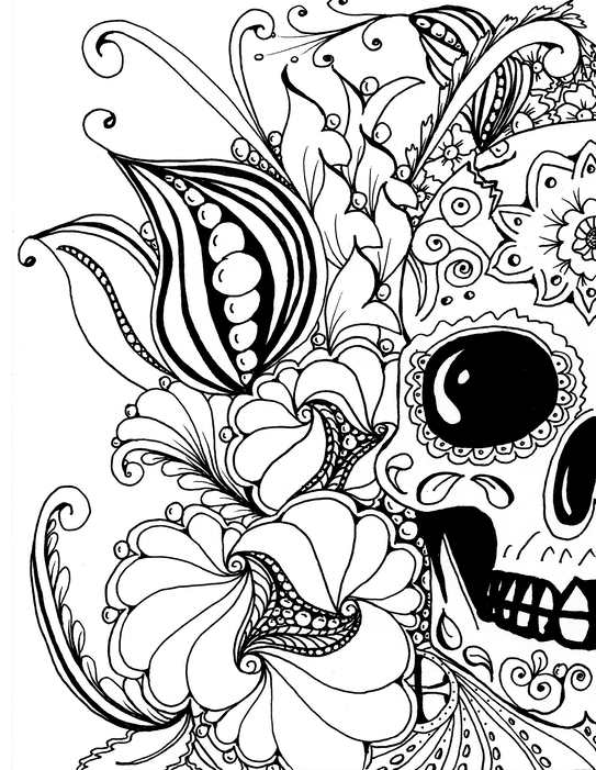 A whimsical, hand-drawn illustration of a sugar skull surrounded by colorful flowers, celebrating the Day of the Dead