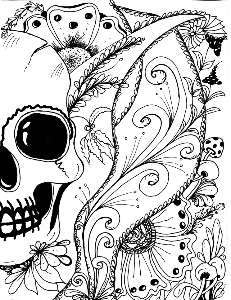 A detailed black and white line drawing of a sugar skull adorned with intricate floral patterns