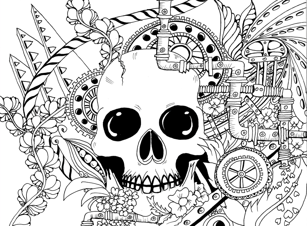 A highly detailed, black and white line drawing of a steampunk skull, a fusion of organic and mechanical elements. The skull is the central focus of the composition, its intricate details contrasting with the surrounding machinery. Gears, pipes, and valves intertwine with delicate floral patterns, creating a visually stunning and complex design. The background features a variety of abstract shapes and lines, adding to the overall sense of wonder and intrigue