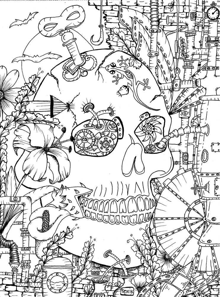 A highly detailed, black and white line drawing of a steampunk skull, a fusion of organic and mechanical elements. The skull is the central focus of the composition, its intricate details contrasting with the surrounding machinery. Gears, pipes, and valves intertwine with delicate floral patterns, creating a visually stunning and complex design. The background features a variety of abstract shapes and lines, adding to the overall sense of wonder and intrigue