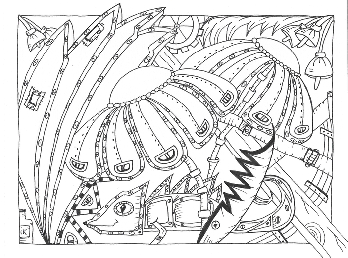 A highly detailed, black and white line drawing of a steampunk chameleon, a fusion of organic and mechanical elements. The chameleon is the central focus of the composition, its intricate details contrasting with the surrounding machinery. Gears, pipes, and valves intertwine with delicate floral patterns, creating a visually stunning and complex design. The background features a variety of abstract shapes and lines, adding to the overall sense of wonder and intrigue