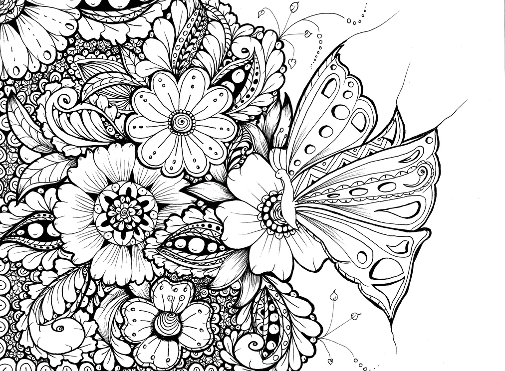 Zen colouring drawing of a butterfly flying over flowers and arabesques