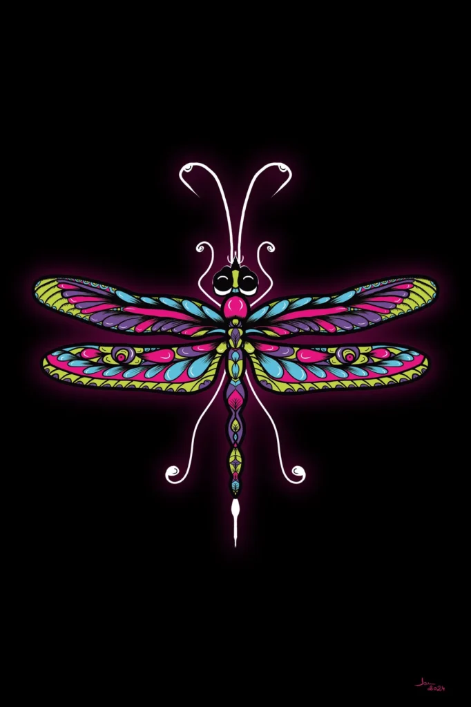 Intricate digital painting of a dragonfly with neon-colored wings and a detailed, patterned body