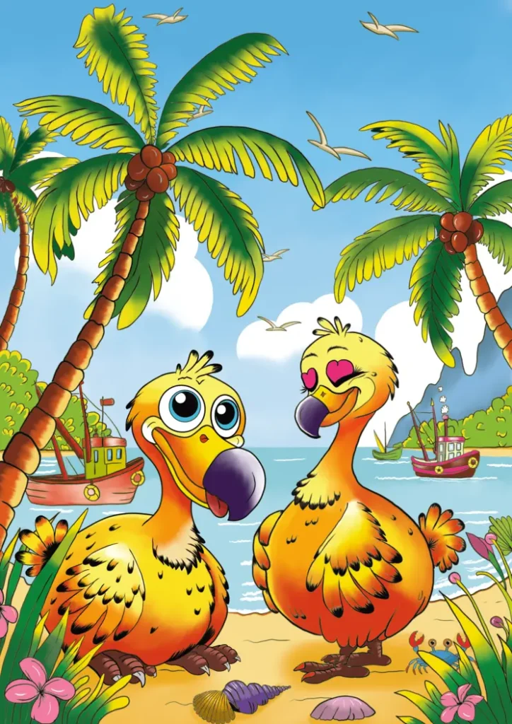 A digital painting of two cartoon dodo birds on a tropical beach, surrounded by palm trees and boats