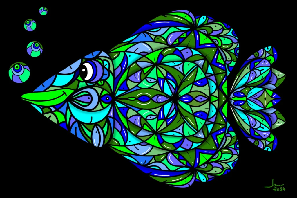 A vibrant digital illustration of a colorful fish with intricate patterns on its scales