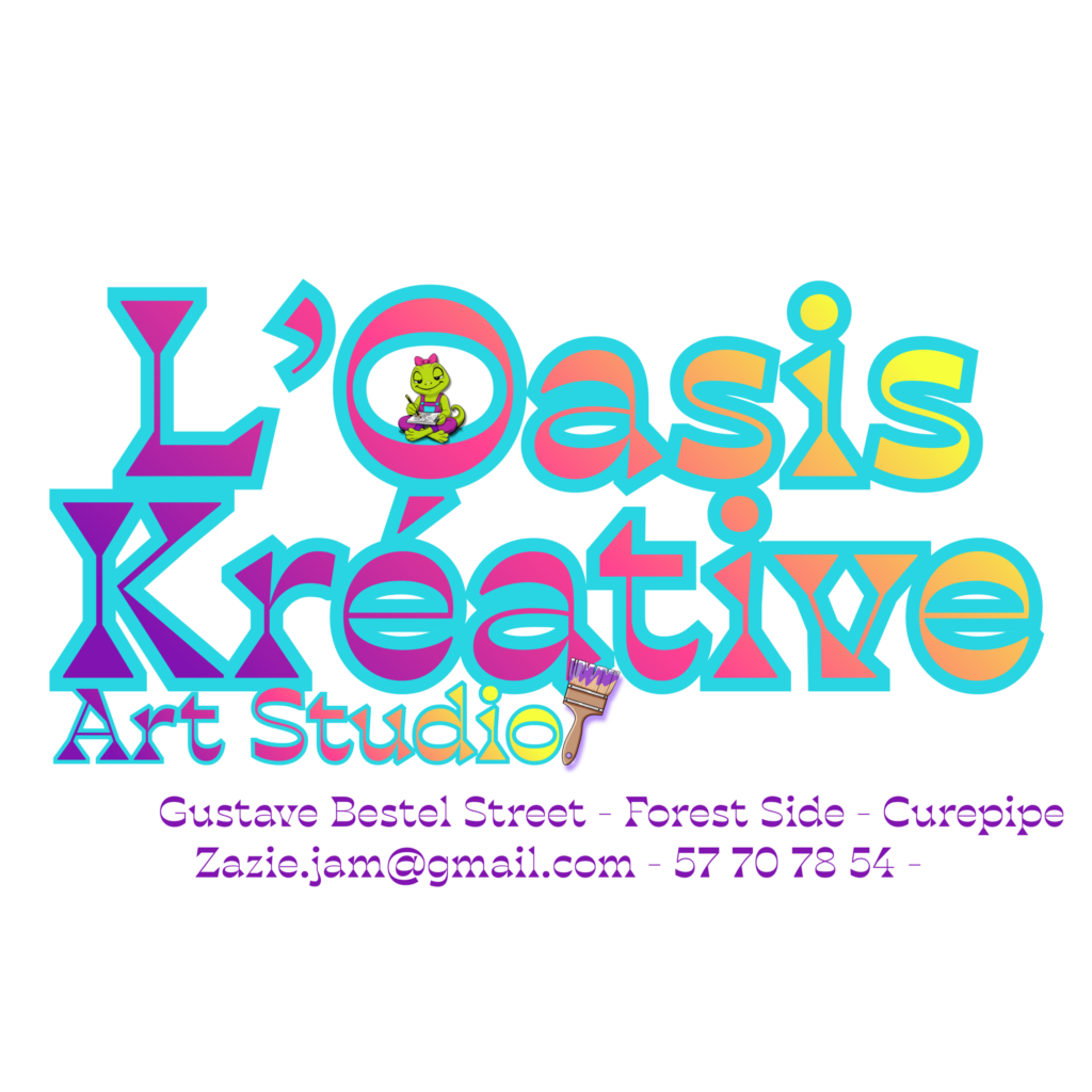 Logo officiel de L'Oasis Kréative Art Studio à Curepipe, avec la mascotte Zazie Jam le gecko et les coordonnées de contact.