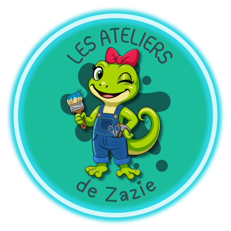 "Logo circulaire bleu turquoise représentant un gecko vert souriant en salopette bleue, tenant un pinceau, avec l'inscription Les Ateliers de Zazie."