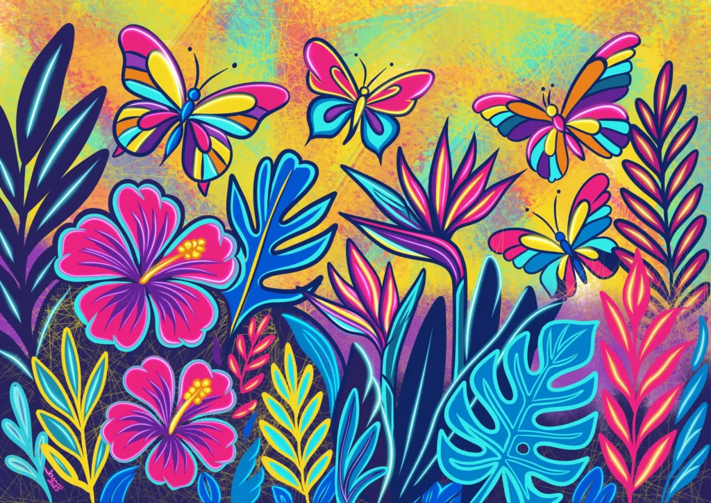 Illustration numérique vibrante de style tropical avec des papillons multicolores survolant des fleurs d'hibiscus, des oiseaux du paradis et des feuillages exotiques aux contours néon