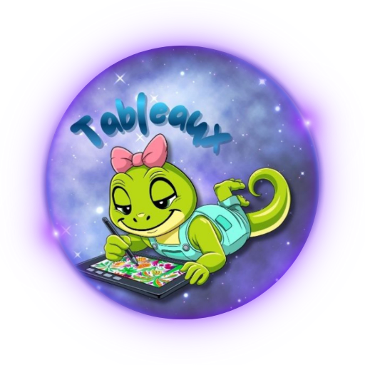 Logo circulaire montrant le gecko Zazie Jam vert dessinant sur une tablette graphique sur un fond galactique violet, avec le titre Tableaux.