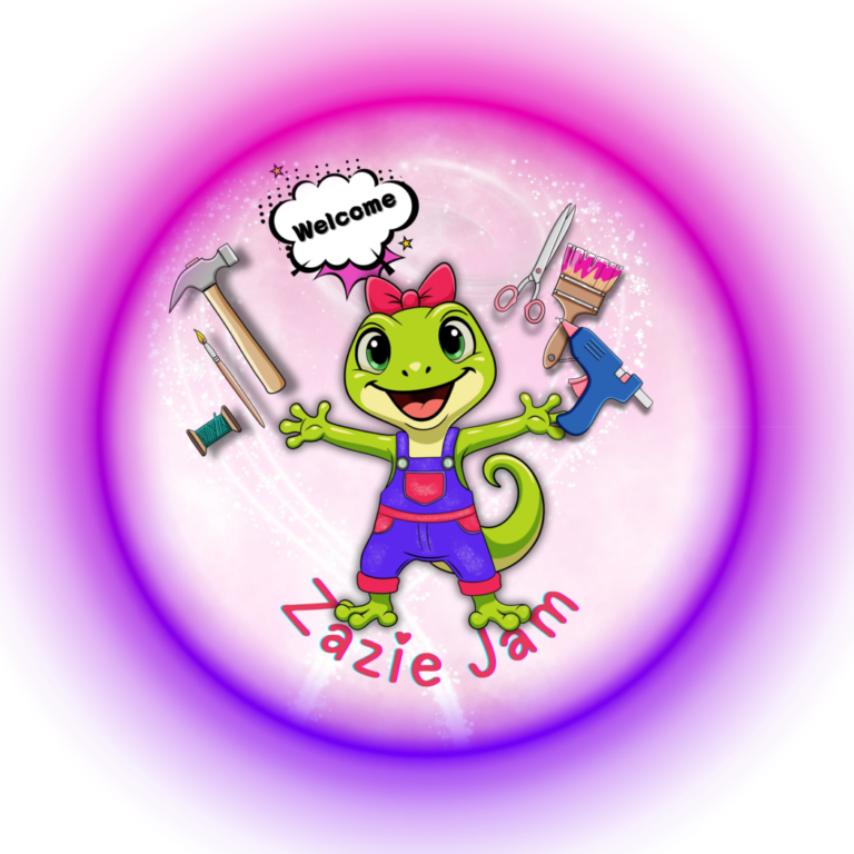 Logo d'accueil rose et blanc montrant un gecko les bras ouverts avec une bulle Welcome et des outils de bricolage flottants."