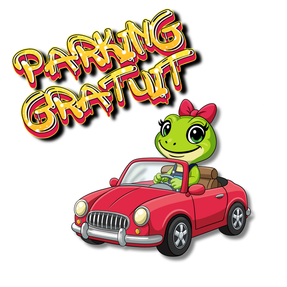Zazie Jam, la mascotte gecko de l'Oasis Kréative, au volant d'une voiture décapotable rouge avec l'inscription stylisée "Parking Gratuit".