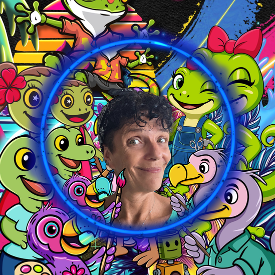 Portrait de Zazie entourée d'illustrations colorées de geckos et de dodos stylisés dans un univers artistique et dynamique.
