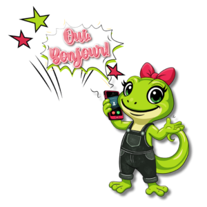 Illustration d'une petite gecko verte souriante nommée Zazie, portant une salopette et un nœud rose, tenant un téléphone avec une bulle de texte "Oui, Bonjour !".