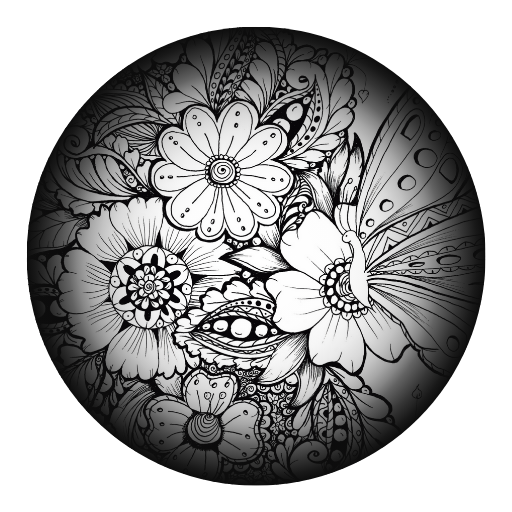 Illustration circulaire en noir et blanc de style Zentangle montrant un papillon de profil au milieu d'une composition dense de fleurs et de motifs géométriques détaillés.