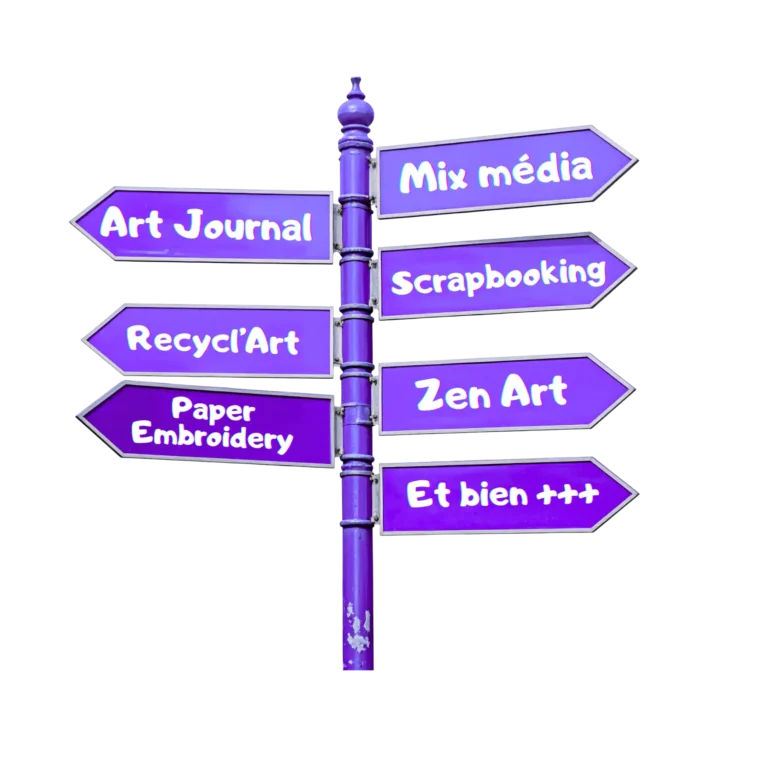 Panneau directionnel violet indiquant différents ateliers créatifs : Art Journal, Mix média, Recycl’Art, Scrapbooking, Paper Embroidery et Zen Art.