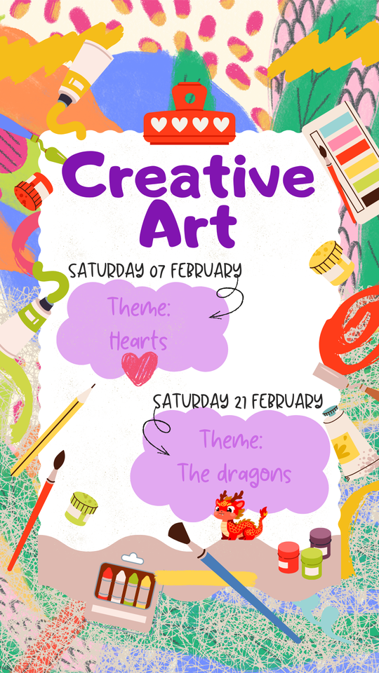 Calendrier des ateliers "Creative Art" de février : thème Coeurs le samedi 07 et thème Dragons le samedi 21.