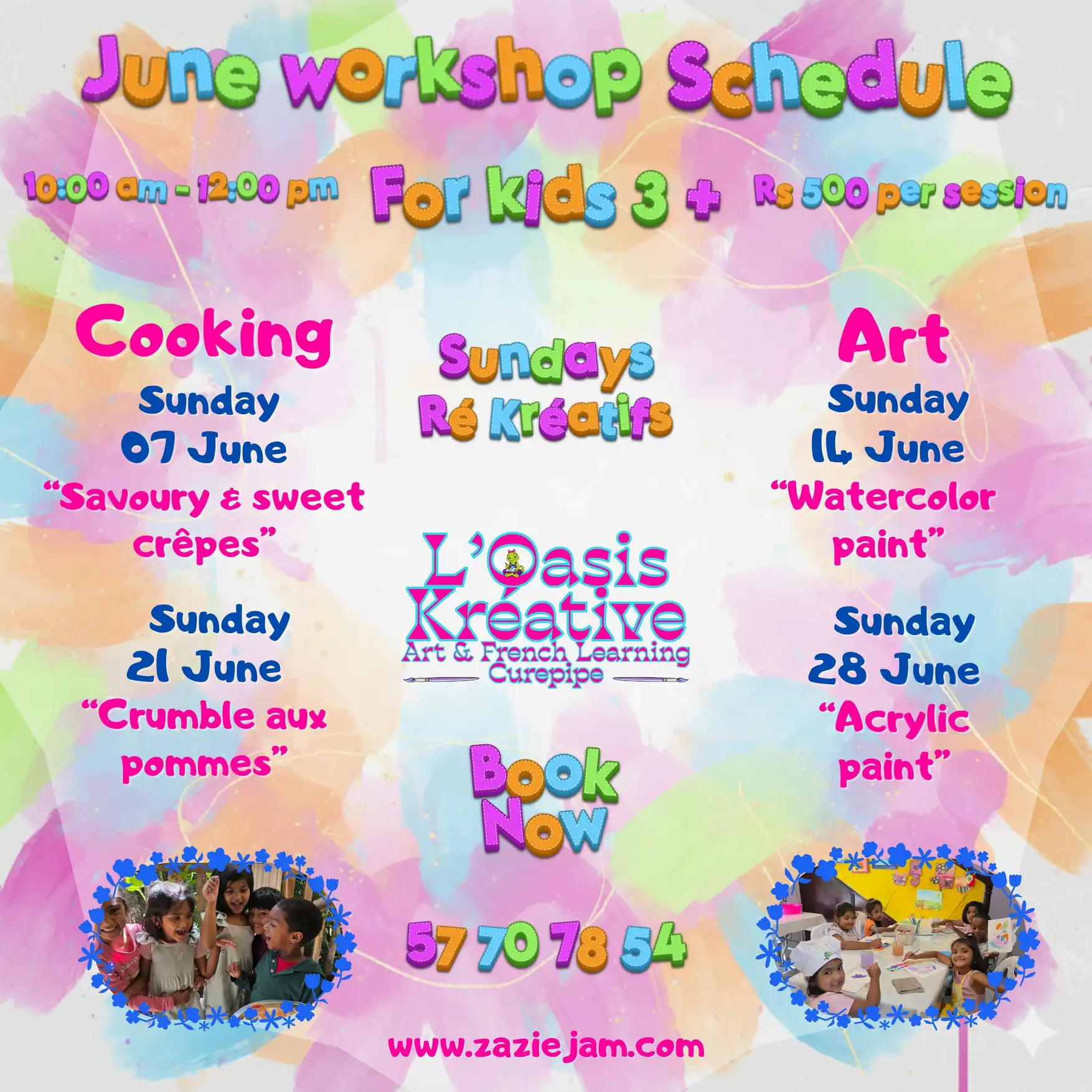 Affiche colorée du programme “Sundays Ré Kréatifs” de juin à L’Oasis Kréative Art & French Learning à Curepipe, avec ateliers cuisine et peinture pour enfants dès 3 ans.