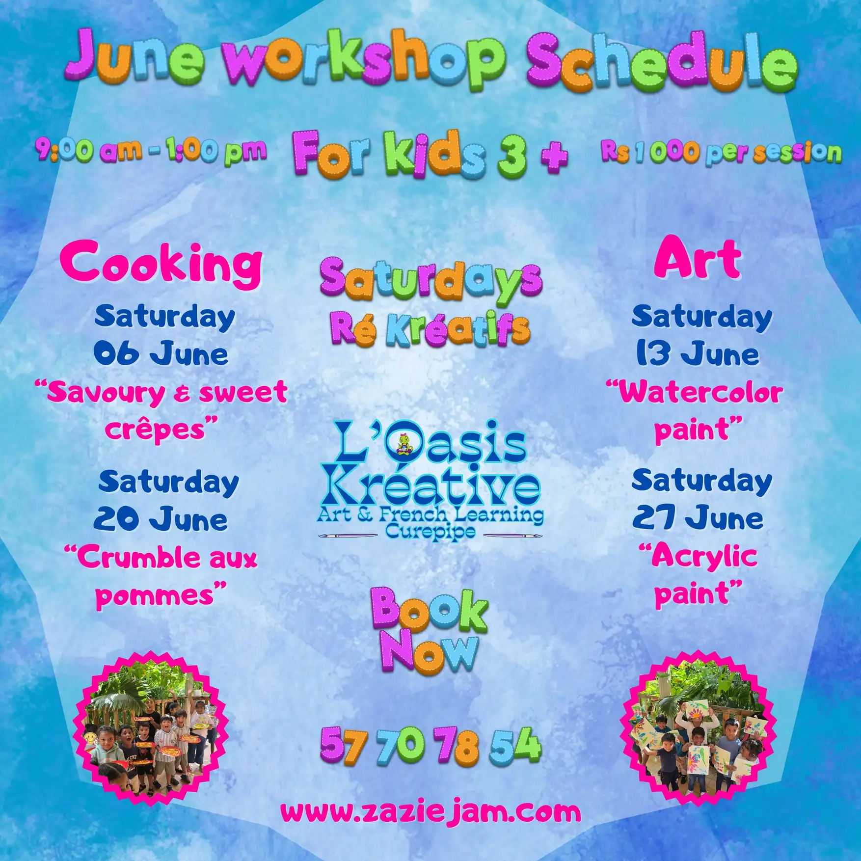 Affiche colorée du programme des ateliers créatifs “Saturdays Ré Kréatifs” de juin à L’Oasis Kréative Art & French Learning à Curepipe, avec ateliers cuisine et peinture pour enfants dès 3 ans.