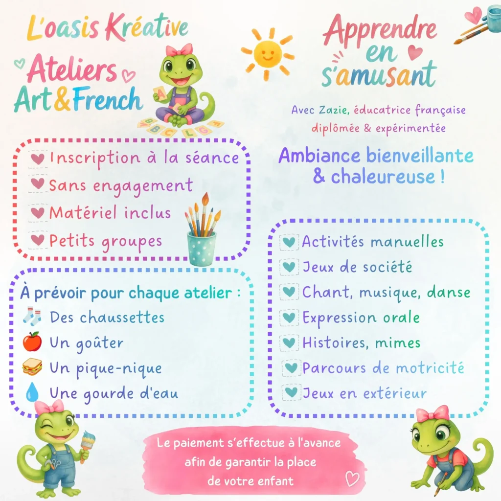 Flyer détaillé des Ateliers Art & French de L'Oasis Kréative avec Zazie — présentation du programme, des modalités d'inscription et de ce que les enfants doivent apporter à chaque séance.